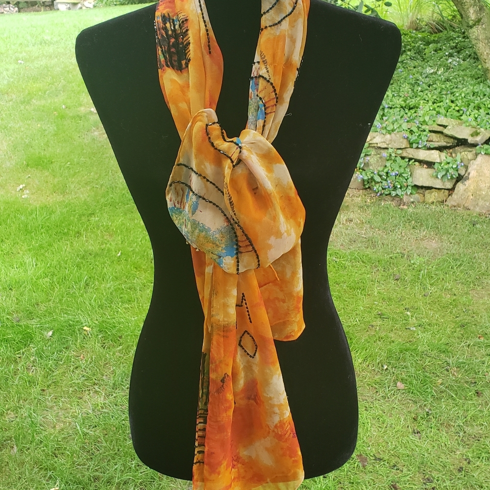 Chico's Orange Scarf w Black Beaded Detail